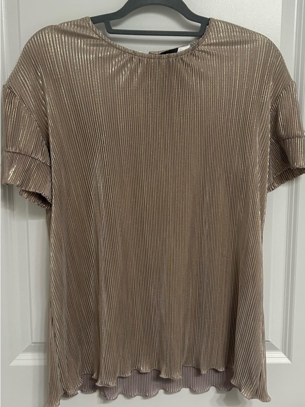 Pleated Metallic Taupe Short Sleeve Blouse